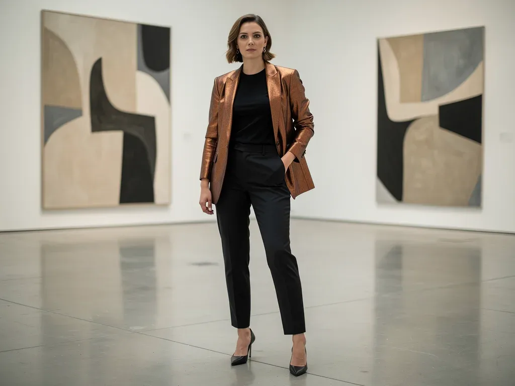Metallic bronze blazer styled with black trousers for sophisticated look
