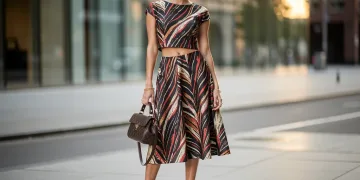 Woman in dramatic drop-waist dress, confidently styled for a flattering silhouette.