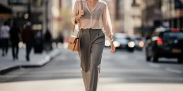Woman wearing sheer layered top and tailored trousers for a chic daytime look