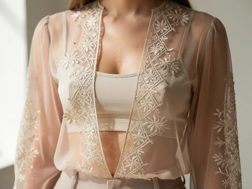 Close-up of embroidered sheer blouse layered over a bandeau for elegant daytime wear