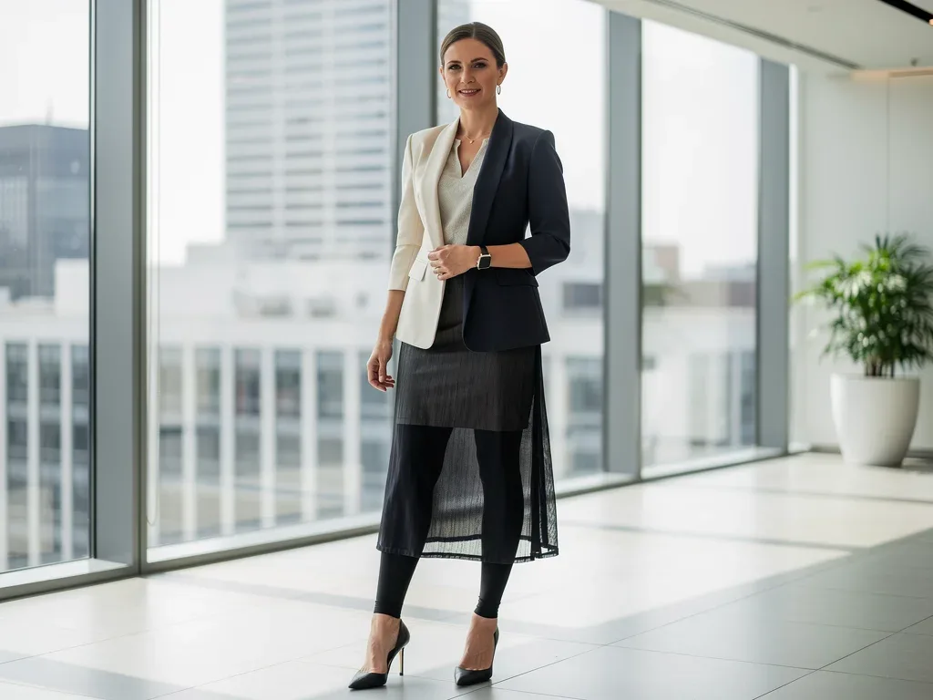 Professional woman wearing sheer midi skirt over slip with structured blazer