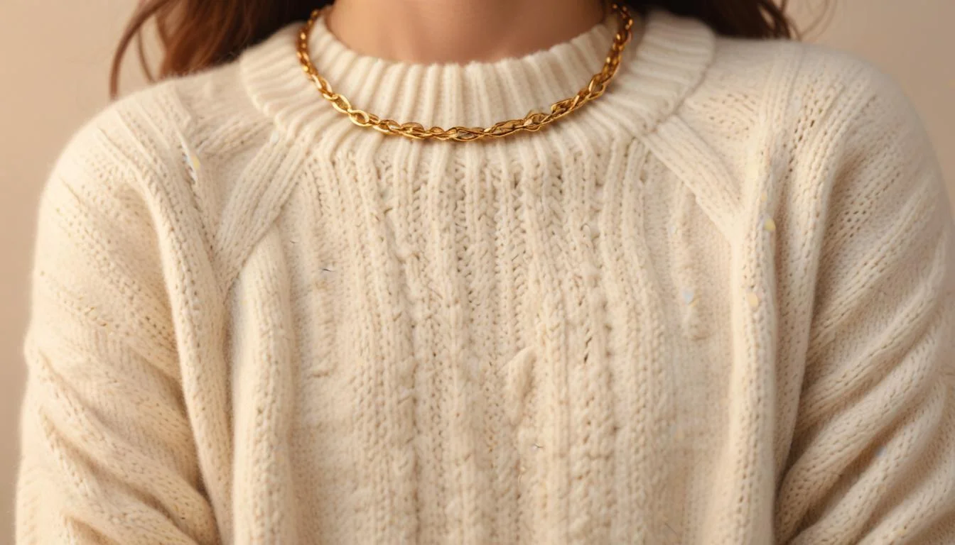 Close-up of a cream chunky knit sweater with a gold necklace