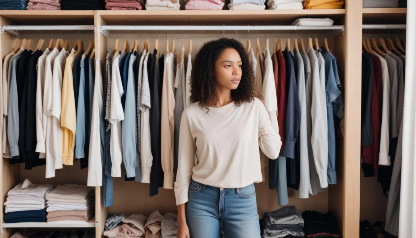 Person deciding on clothing during a closet decluttering session.