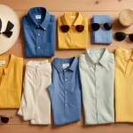Colorful lightweight summer fabrics like linen, cotton, and rayon arranged with summer accessories.