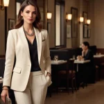 Woman transitioning day to night outfit with blazer, heels, and clutch
