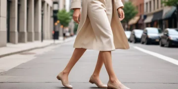 Woman wearing elegant neutral-toned flat shoes walking in urban setting