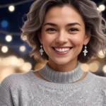 Woman wearing elegant silver and diamond jewelry with a cozy winter sweater, festive background.