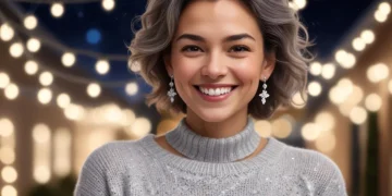 Woman wearing elegant silver and diamond jewelry with a cozy winter sweater, festive background.