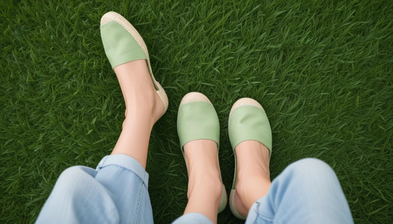 Close-up of feet in espadrille flats on green lawn, showcasing spring foot care.