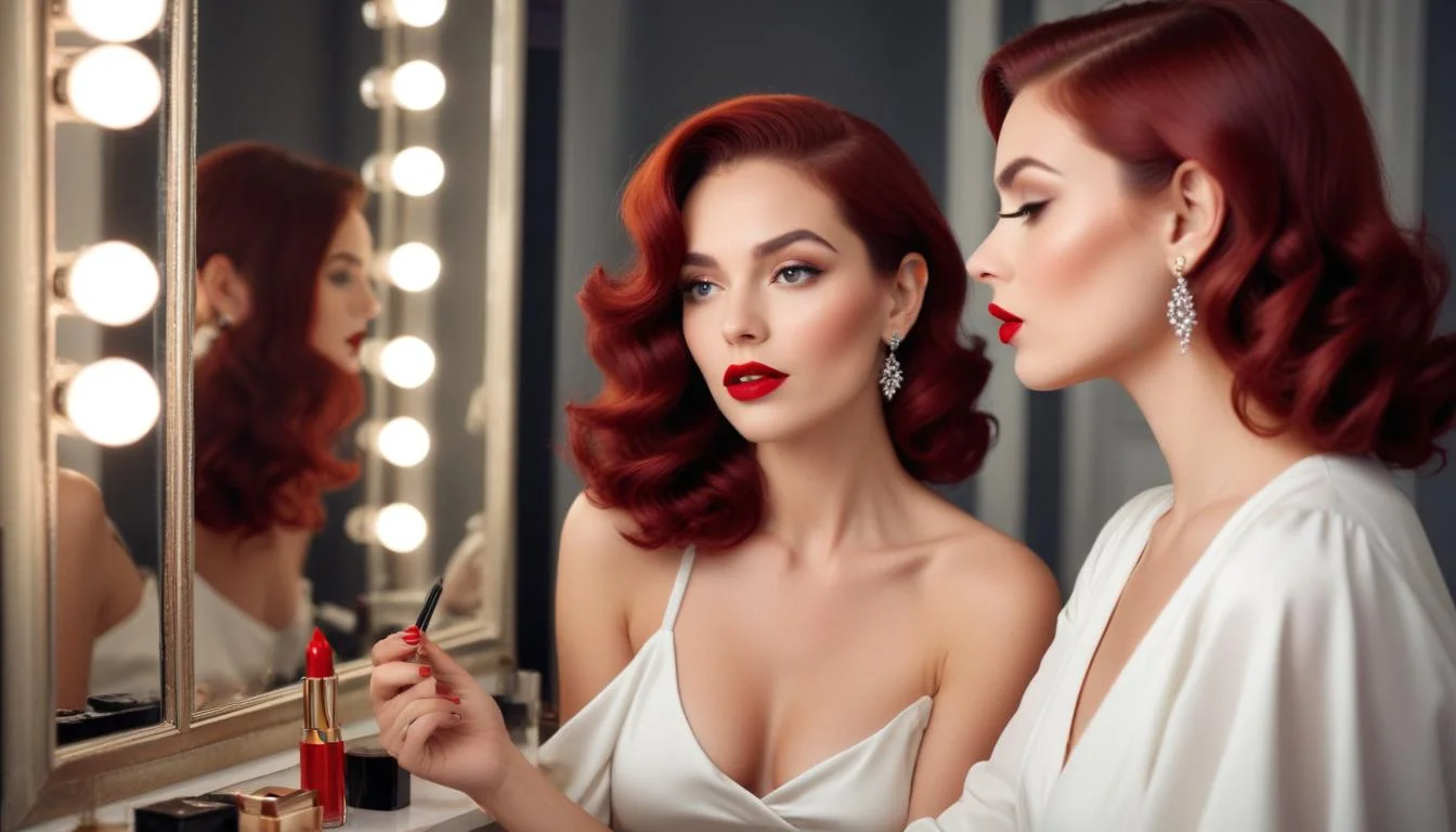 Woman applying bold red lipstick for evening look with elegant hair