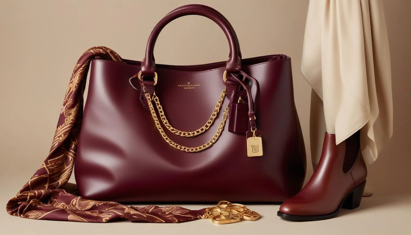 Close-up of fall accessories: handbag, scarf, boots, necklace