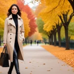 Woman in beige trench coat, chunky sweater, and black leather trousers in autumn park