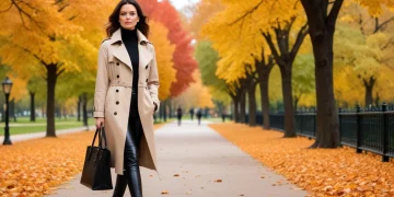 Woman in beige trench coat, chunky sweater, and black leather trousers in autumn park