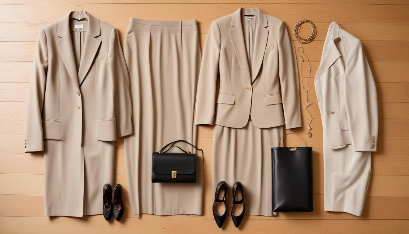 Flat lay of fall workwear capsule wardrobe: blazer, blouse, trousers, skirt, sweater, bag, loafers, necklace