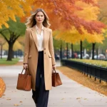 Woman in fall workwear, camel blazer, wide-leg trousers, autumn park