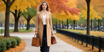 Woman in fall workwear, camel blazer, wide-leg trousers, autumn park