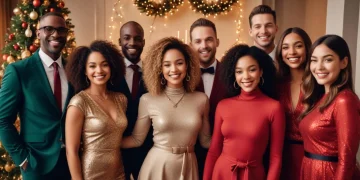 Stylish people in festive attire for holiday celebrations