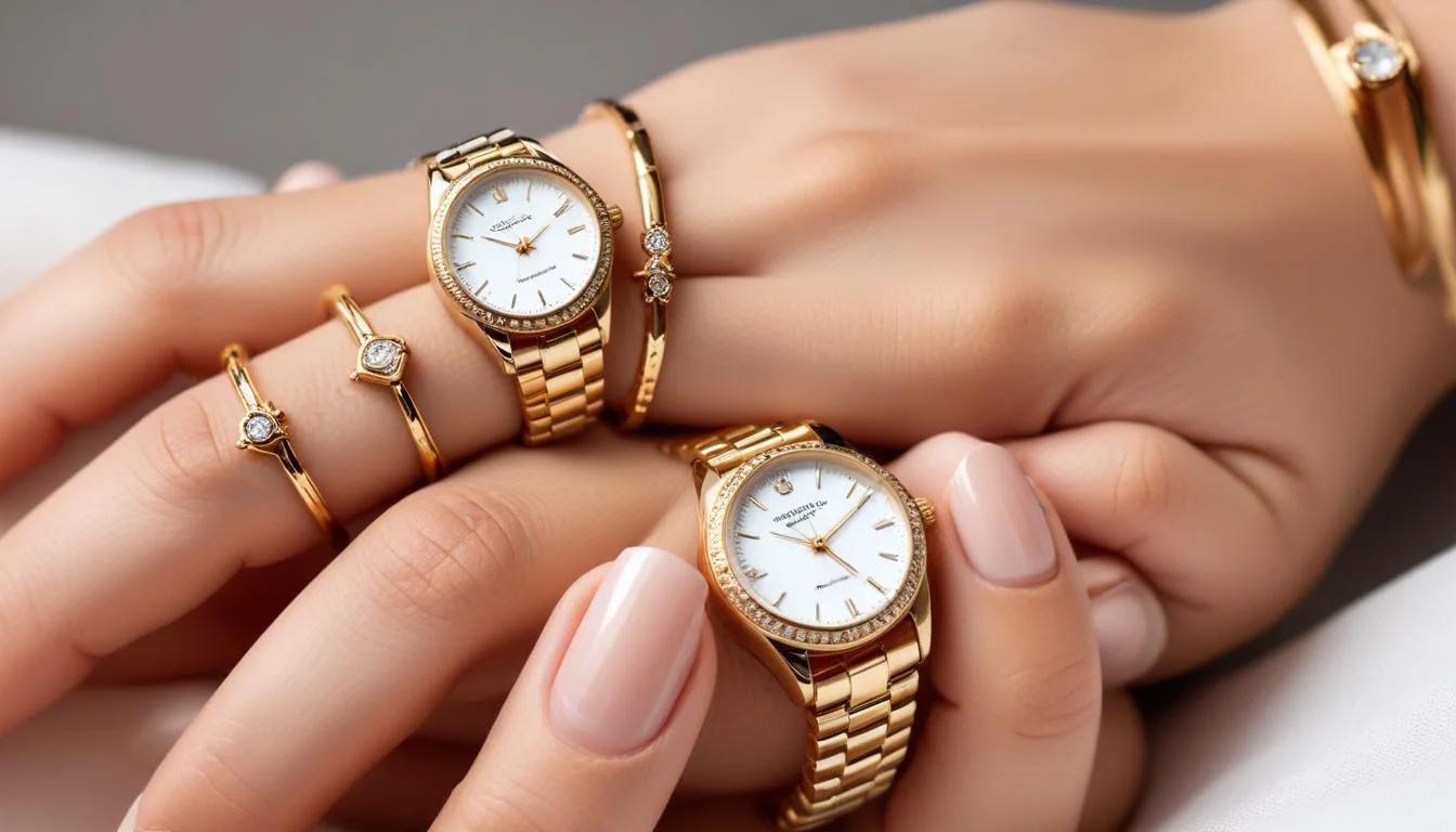 Woman's hand with delicate gold rings and classic watch