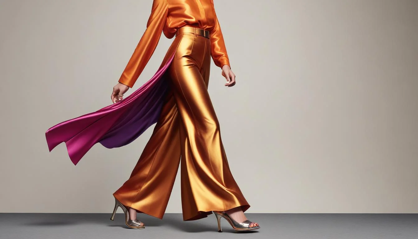 Woman in vibrant metallic platform shoes and wide-leg pants striding confidently