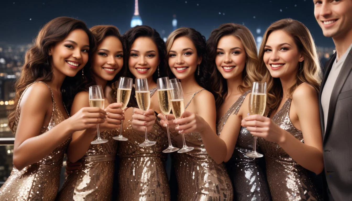 Friends toasting in glamorous New Year's Eve outfits