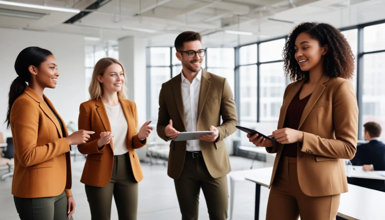 Diverse professionals collaborating in modern office, fall business casual attire