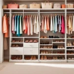 Organized spring closet with neatly arranged clothes and accessories in bright light.