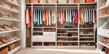 Organized spring closet with neatly arranged clothes and accessories in bright light.