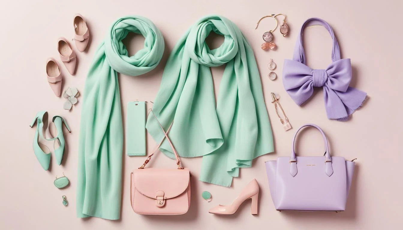 Flat lay of Spring 2025 pastel accessories: lavender scarf, pink bag, green earrings