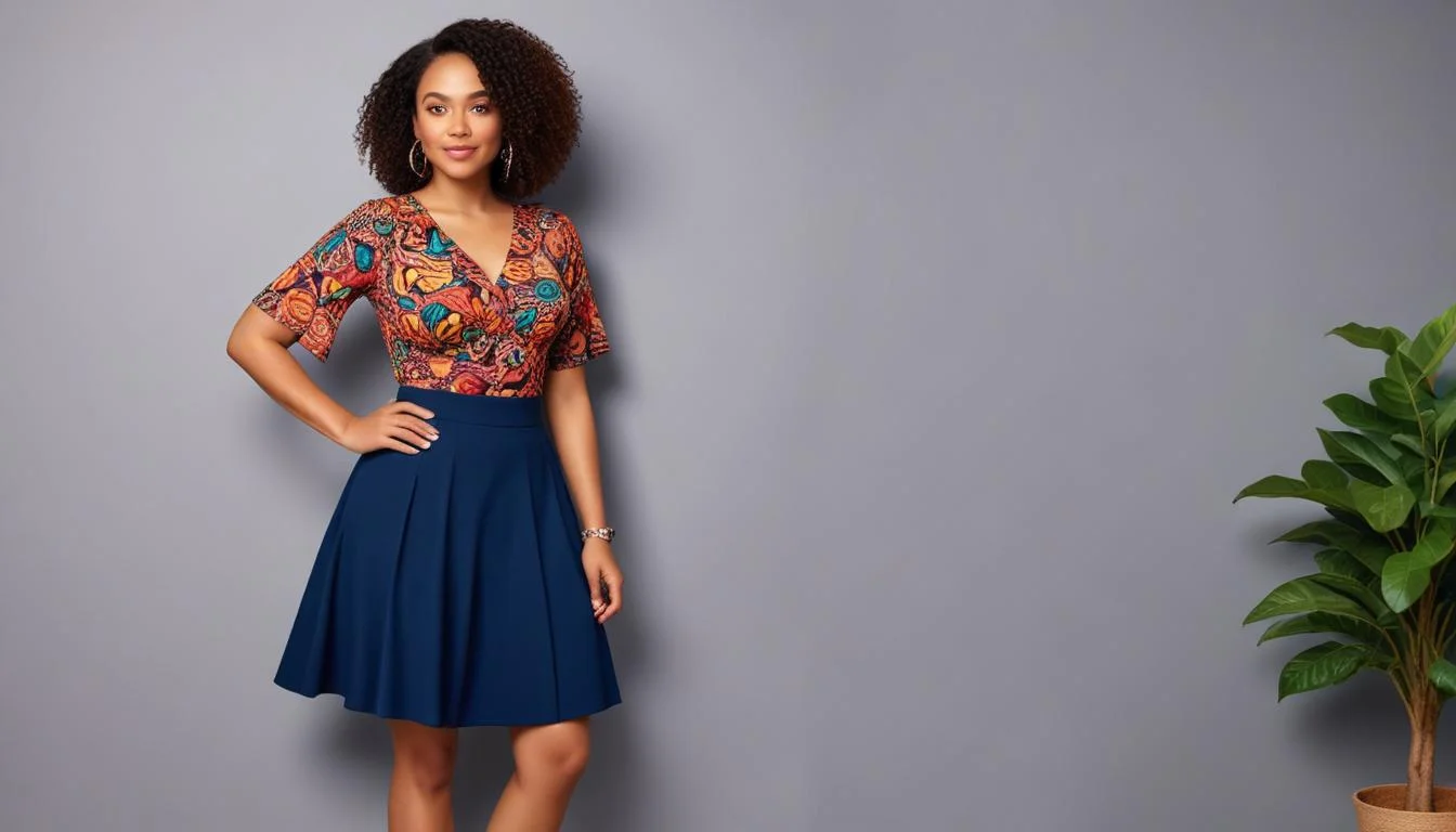 Pear body shape woman in patterned top and A-line skirt