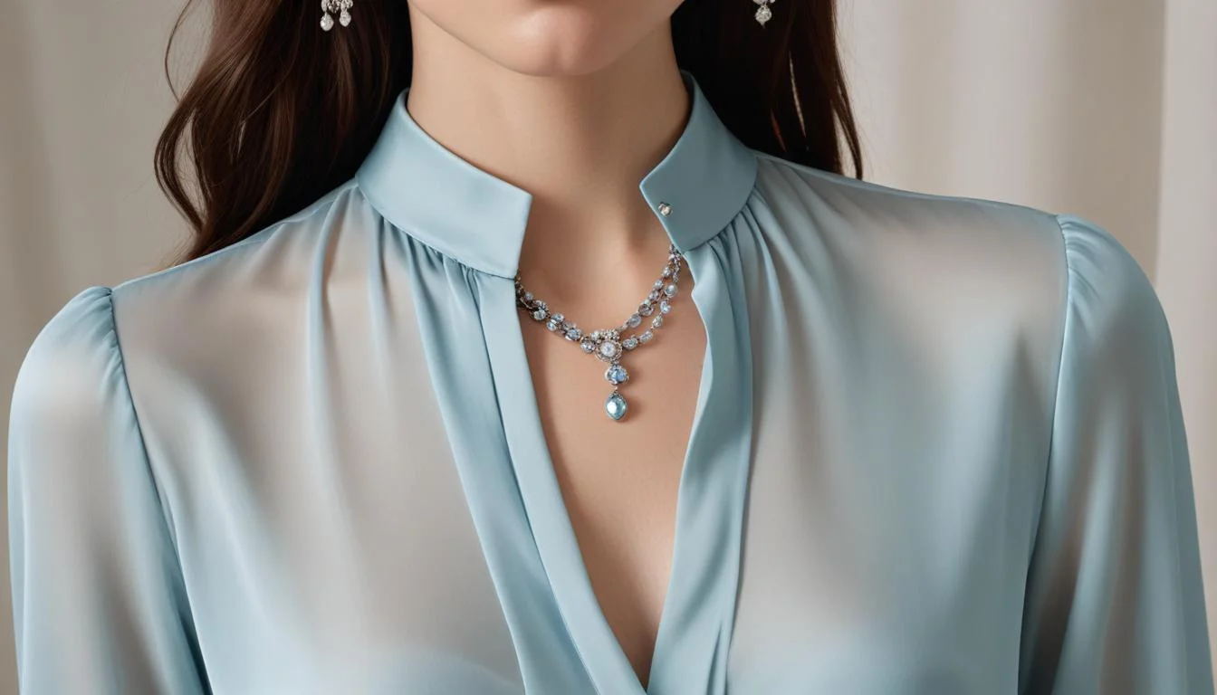 Model in powder blue silk blouse with silver jewelry, serene pastel fashion
