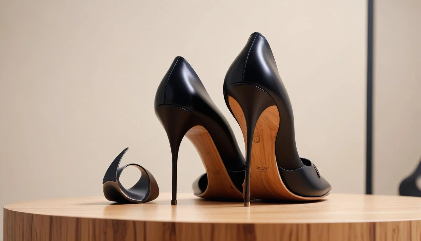 Close-up of black pump with unique wood and metal sculptural heel design