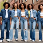 Models in diverse denim trends for Spring 2025 in an urban spring setting.