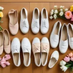Spring footwear collection with sneakers, loafers, espadrilles, and ballet flats on wood with flowers.