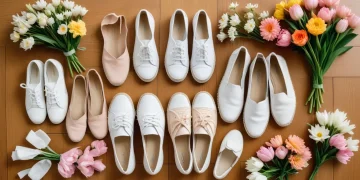 Spring footwear collection with sneakers, loafers, espadrilles, and ballet flats on wood with flowers.