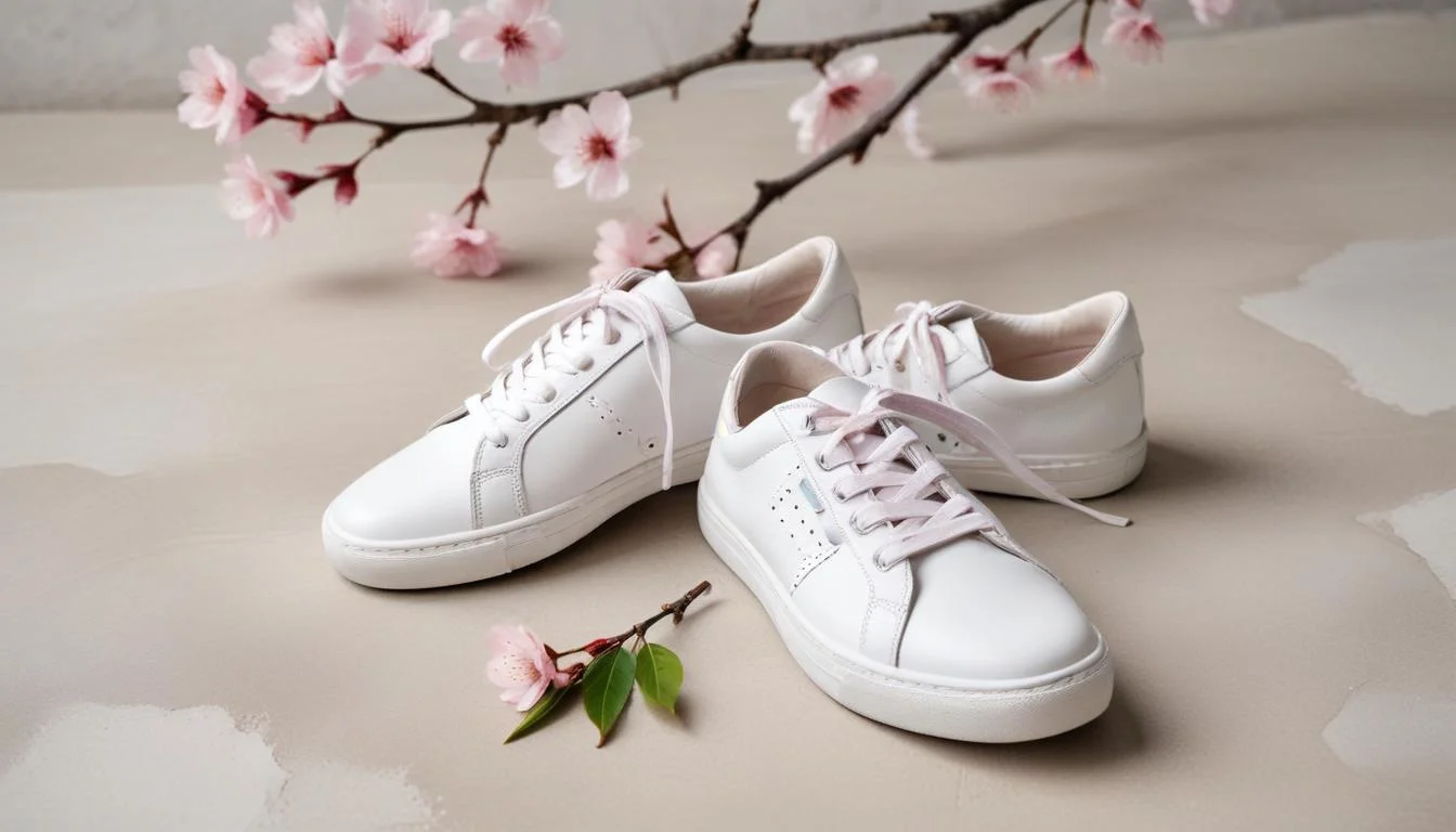 White leather sneakers with pastel accents next to cherry blossom branch on concrete.