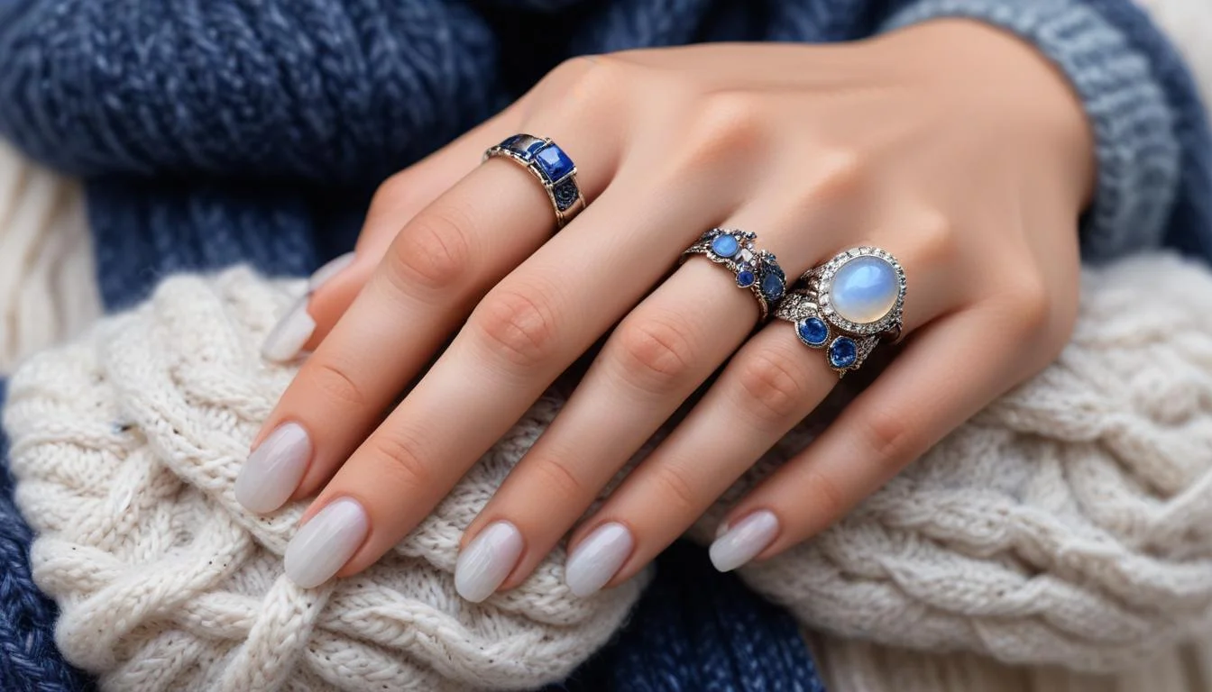 Woman's hand with stacked rings featuring moonstone and sapphire, on a knitted scarf.