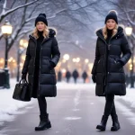 Woman in black puffer coat, beanie, and waterproof boots walking in snow, stylish winter fashion.