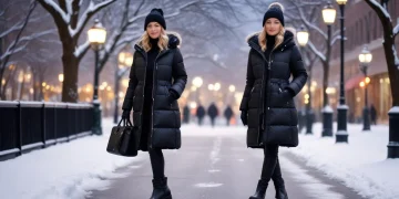 Woman in black puffer coat, beanie, and waterproof boots walking in snow, stylish winter fashion.