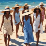 Group of people on a beach wearing various stylish summer hats for sun protection in June 2025.