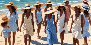 Group of people on a beach wearing various stylish summer hats for sun protection in June 2025.