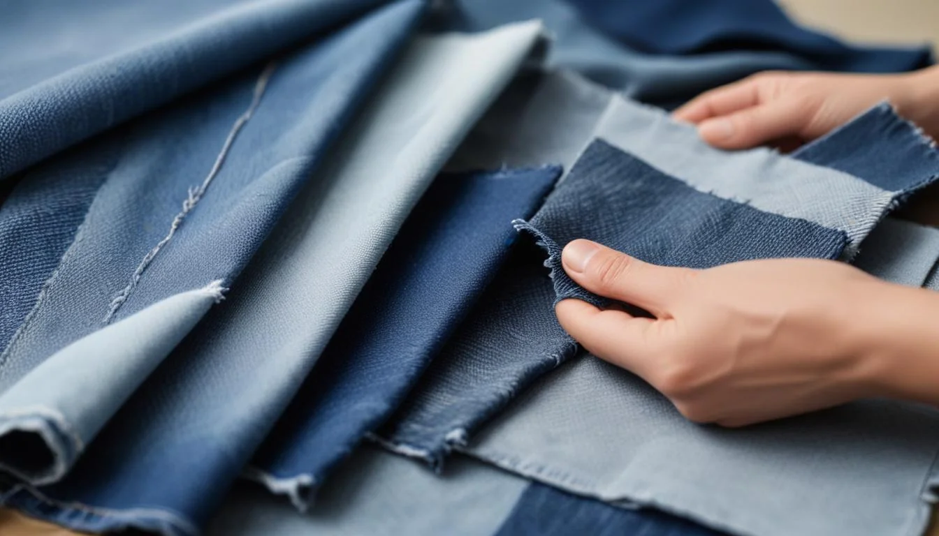 Sustainable denim fabric swatches including organic cotton, hemp, and Tencel.