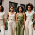 Stylish women in eco-friendly fashion, embodying sustainable choices for 2025