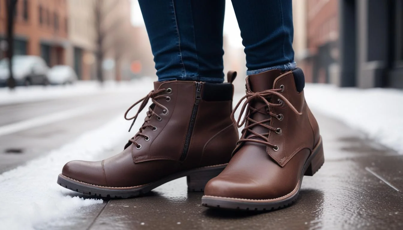 Dark brown waterproof leather ankle boots with jeans on a snowy sidewalk.