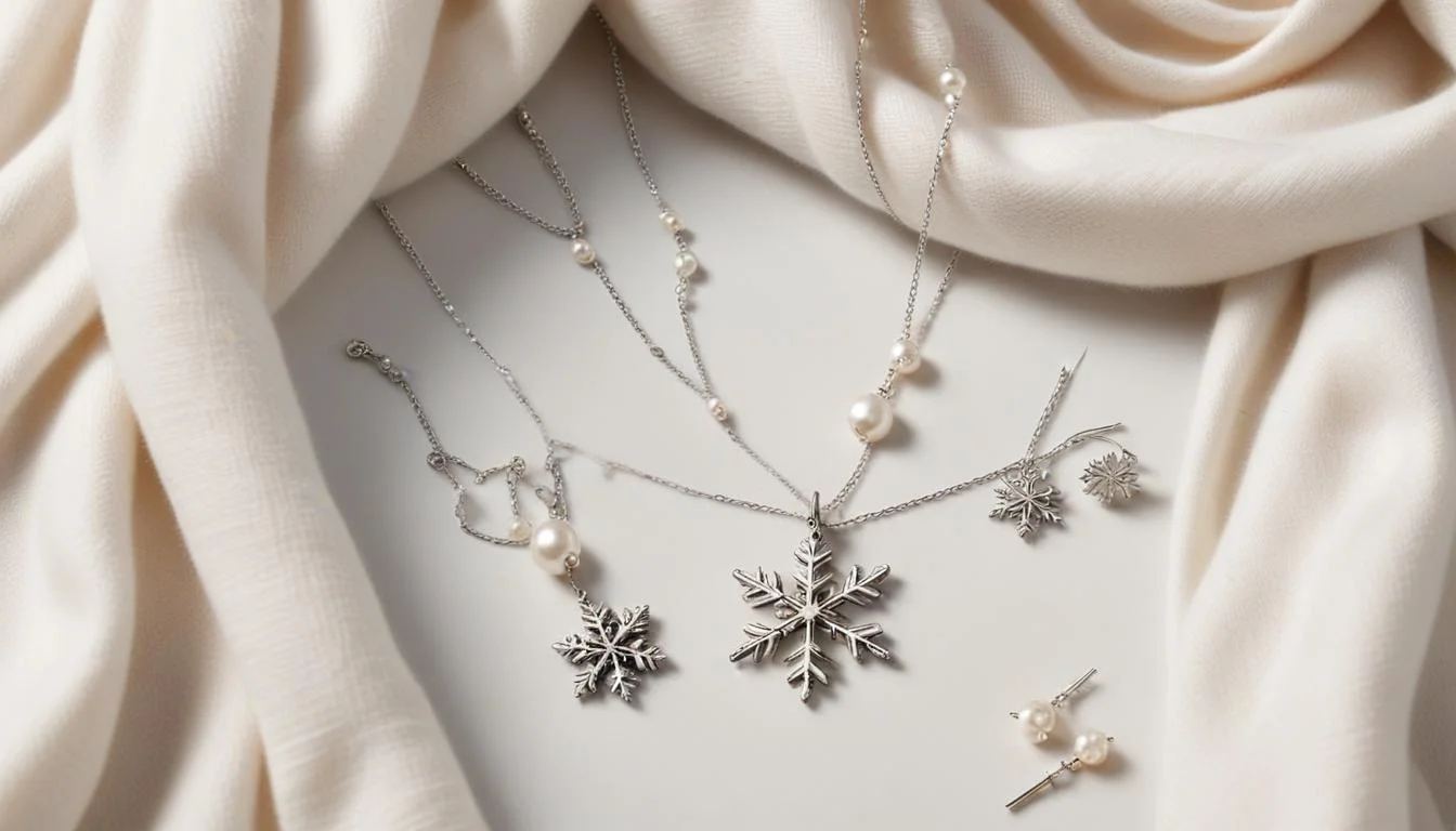 Flat lay of silver snowflake necklace, stud earrings, pearl bracelet, and stacked rings on a cashmere scarf.
