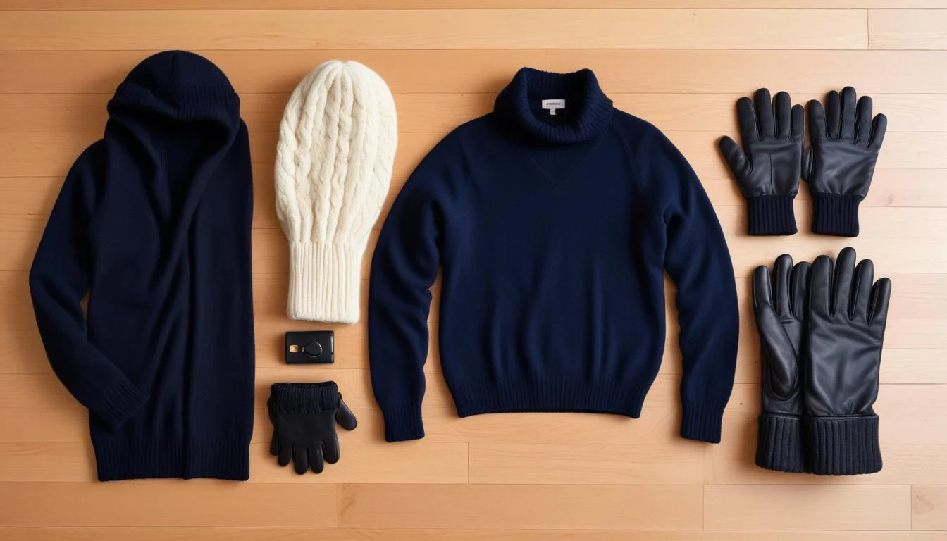 Flat lay of navy cashmere sweater, grey wool trousers, cream beanie, and black leather gloves.