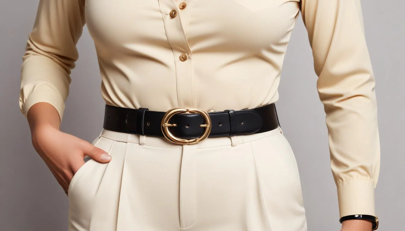 Woman adjusting stylish belt on high-waisted trousers