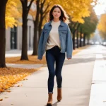 Woman in layered fall outfit, walking city street