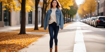 Woman in layered fall outfit, walking city street