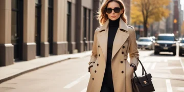 Woman in layered outfit, turtleneck, blazer, trench coat, stylish street fashion