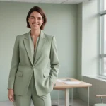 Woman in modern sage green power suit in a minimalist office